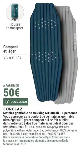 Decathlon Forclaz matelas gonflable de trekking mt500 air - 1 personne offre