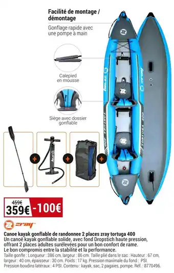 Canoe kayak gonflable de randonnee 2 places zray tortuga 400