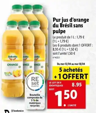 Lidl Pur Jus D'Orange Du Brésil Sans Pulpe offre