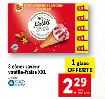Lidl 8 Cones Saveur Vanille-Fraise XXL offre