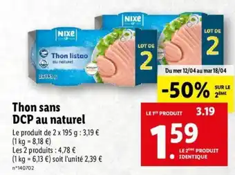 Lidl Thons Sans DCO au Naturel offre