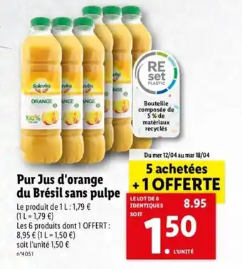 Lidl Pur Jus D'Orange Du Brésil Sans Pulpe offre