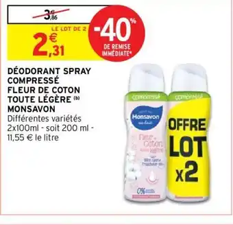 Intermarché Déodorant Spray Co,pressé Fleur De Coton Toute Légére Monsavon offre
