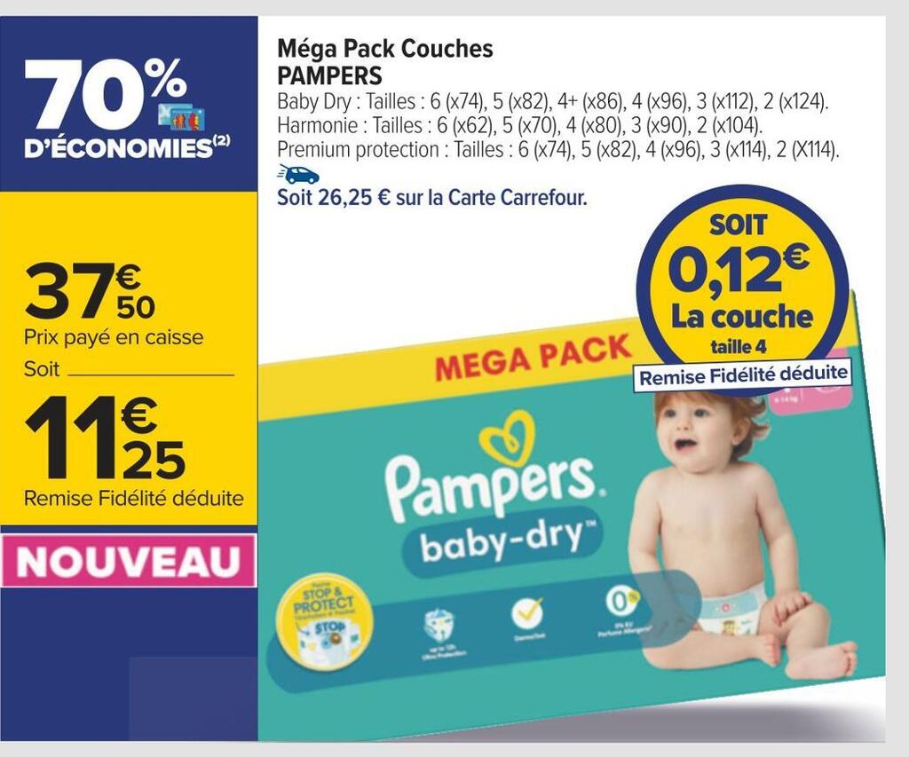 Promo Pampers méga pack couches chez Carrefour
