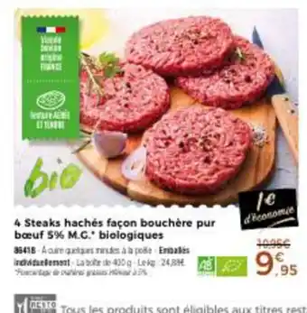 Thiriet 4 Steaks Hachés Facon Bouchere Pur Boeuf 5% M.G.* Biologiques offre