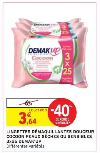 Intermarché Demak'up lingettes démaquillantes douceur cocoon peaux sèches ou sensibles 3x25 offre