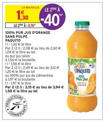 Intermarché Paquito 100% pur jus d'orange sans pulpe offre