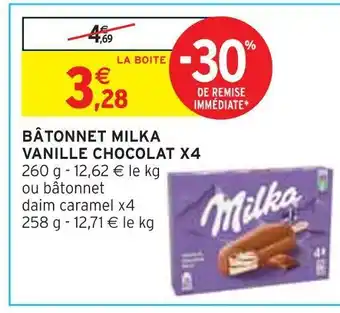 Intermarché Milka bâtonnet milka vanille chocolat x4 offre