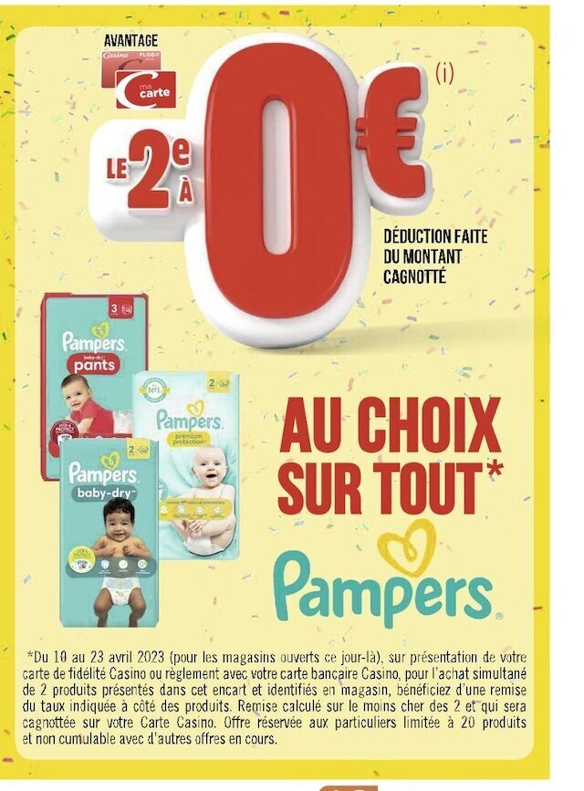 Promo Pampers le 2e a 0€ au choix sur tout pampers chez Casino Hyperfrais