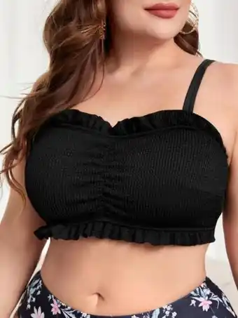 Haut de bikini unicolore à plis à ruché à nœud