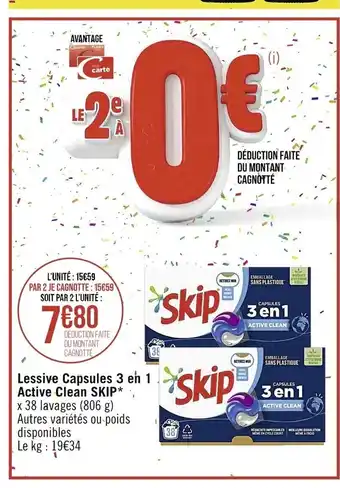 Casino Supermarchés Lessive Capsules 3 en 1 Active Clean Skip* offre