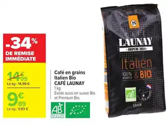 Carrefour Cafe en grains italien bio cafe launay offre