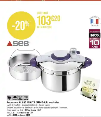 Géant Casino Autocuiseur Clipso Minut Pefect 4,5L Inox/Violet offre