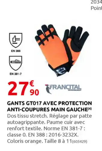 Rural Master Gants GT017 Avec Protection Anti-Coupures Main Gauche offre