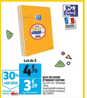 Bloc de cours étudiant oxford