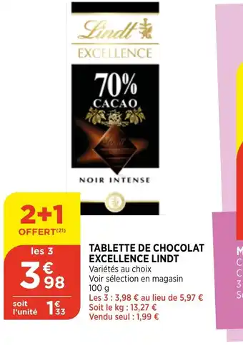 Bi1 Tablette de chocolat excellence lindt offre