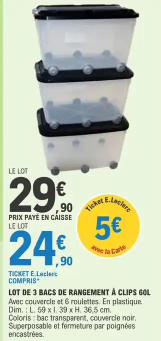 E.Leclerc Lot de 3 bacs de rangement à clips 60L offre