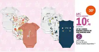 E.Leclerc Lot de 3 bodies manches courtes ou sans manches bebe offre