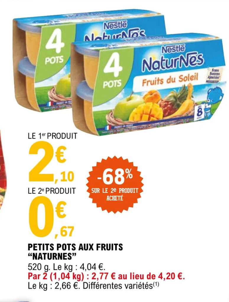 Promo Petits pots aux fruits "NATURNES" chez E.Leclerc