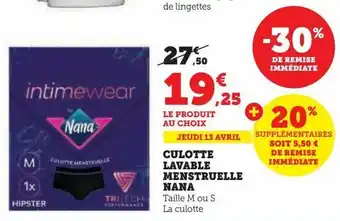 Hyper U Culotte lavable menstruelle nana offre