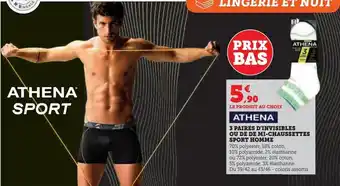 Hyper U 3 paires d'invisibles ou de de mi-chaussettes sport homme athena offre