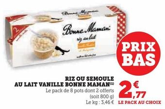 Hyper U Riz ou semoule au lait vanille bonne maman offre