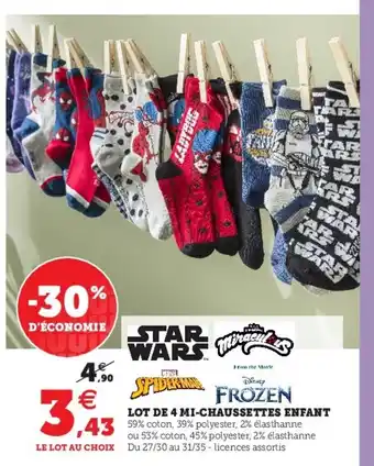 Super U Lot de 4 Mi-Chaussettes Enfant offre