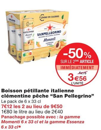 Monoprix San pellegrino boisson pétillante italienne clémentine pêche offre