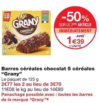 Monoprix Grany barres céréales chocolat 5 céréales offre