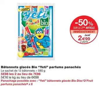 Monoprix Yeti bâtonnets glacés bio parfums panachés offre
