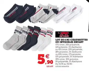 Super U Lot de 6 Mi-Chaussettes ou Invisibles Enfant offre