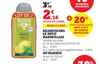 Super U Shampooing le petit marseillais offre