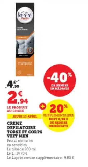 Creme depilatoire torse et corps veet men