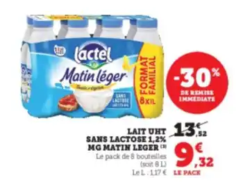 Super U Lait UHT Sans Lactose 1,2% MG Matin Leger offre