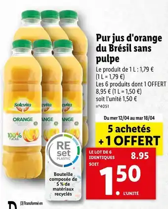 Lidl Solevita pur jus d'orange du brésil sans pulpe offre