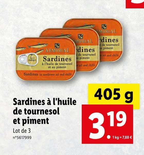 Promo Armurial sardines à l'huile de tournesol et piment chez Lidl
