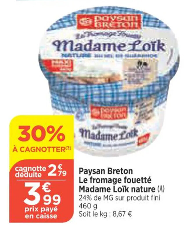 Promo Paysan Breton Le Fromage Fouetté Madame Loïk Nature chez Bi1