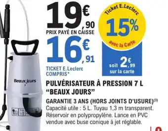 E.Leclerc Brico Pulvérisateur à Pression 7 L Beaux Jours offre