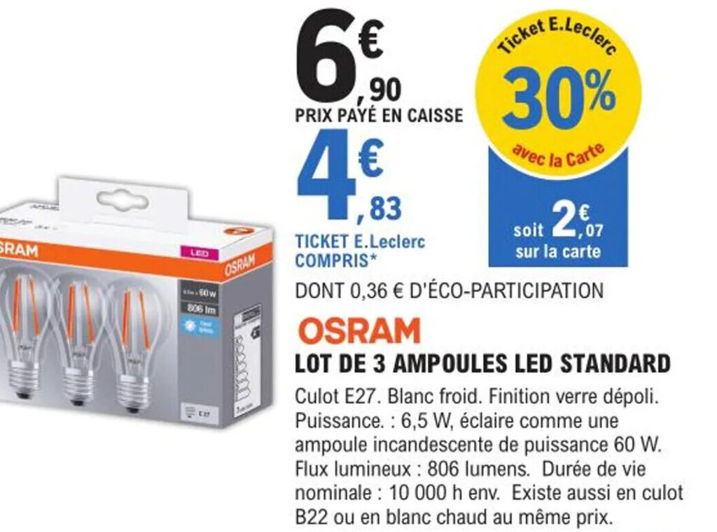 Promo Lot de 3 Ampoules LED Standard chez E.Leclerc Brico