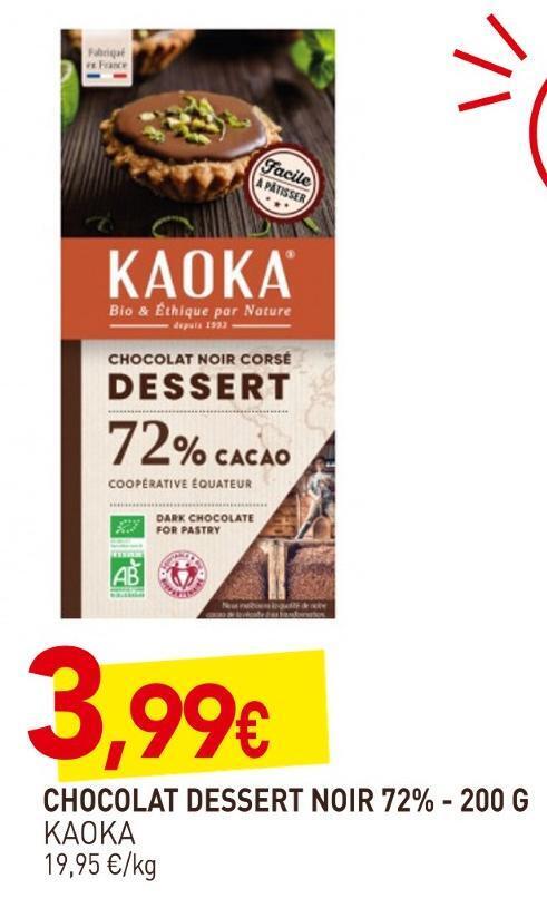 naturéO Kaoka chocolat dessert noir 72% offre