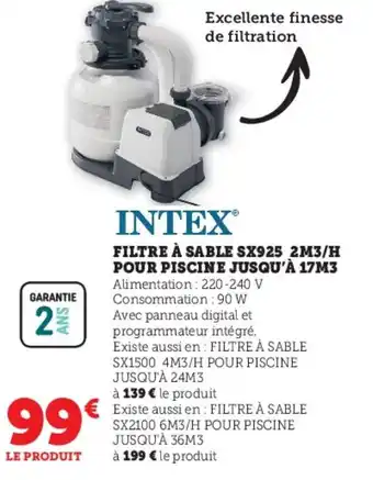 Hyper U Intex filtre a sable Sx925 2m3/H pour piscine jusqu A 17m3 offre