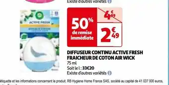 Auchan Diffuseur continu active fresh fraicheur de coton air wick offre