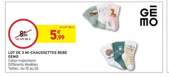 Intermarché Gemo lot de 3 mi-chaussettes bebe offre