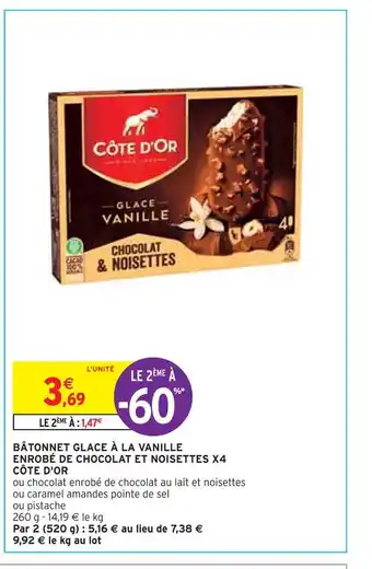 Intermarché Côte d'or bâtonnet glace à la vanille enrobé de chocolat et noisettes x4 offre