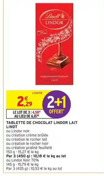 Intermarché Lindt tablette de chocolat lindor lait offre