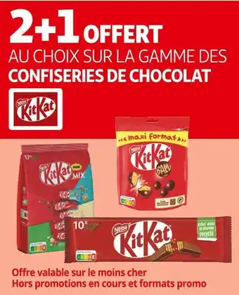 Auchan Supermarché Kitkat 2+1 offert au choix sur la gamme des confiseries de chocolat kit kat offre