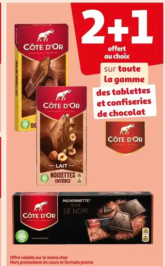 Auchan Côte d'or 2+1 offert au choix sur toute la gamme des tablettes et confiseries de chocolat côte d'or offre