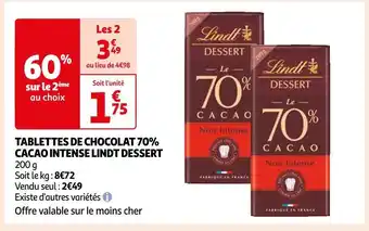 Auchan Lindt dessert tablettes de chocolat 70% cacao intense offre