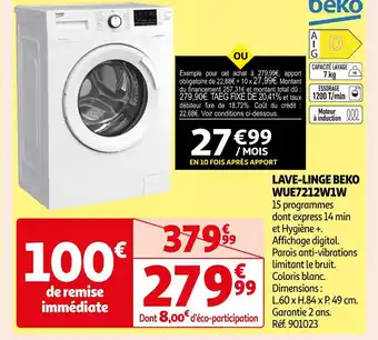 Auchan Beko lave-linge wue7212w1w offre