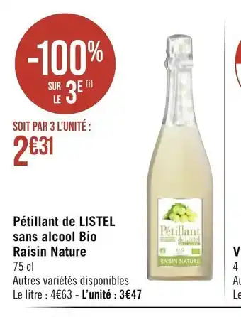 Géant Casino Petillant de listel sans alcool bio raisin nature offre